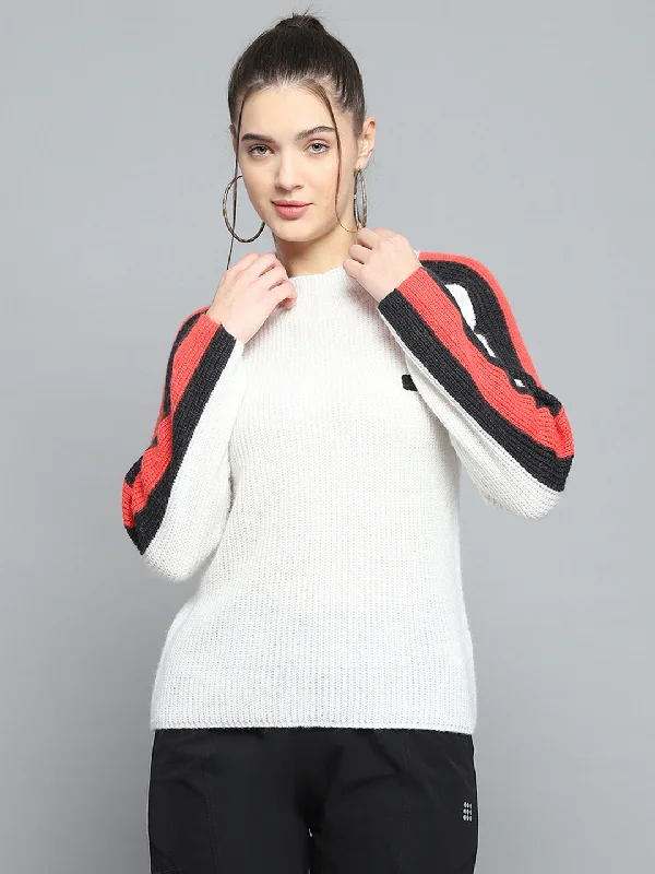 Women White Solid Round Neck Full Sleeve Pullover