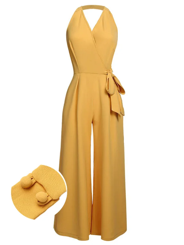 Yellow 1930s Halter Lace-Up Jumpsuit