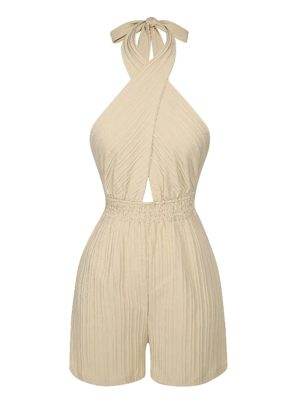 Beige 1950s Texture Folds Cross Halter Romper