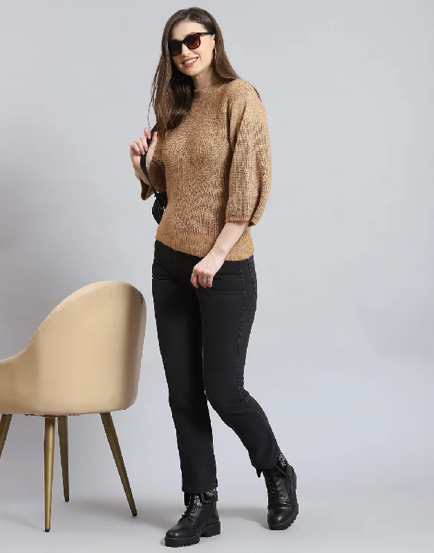 Women Brown Self Design Round Neck 3/4th Sleeve Sweater