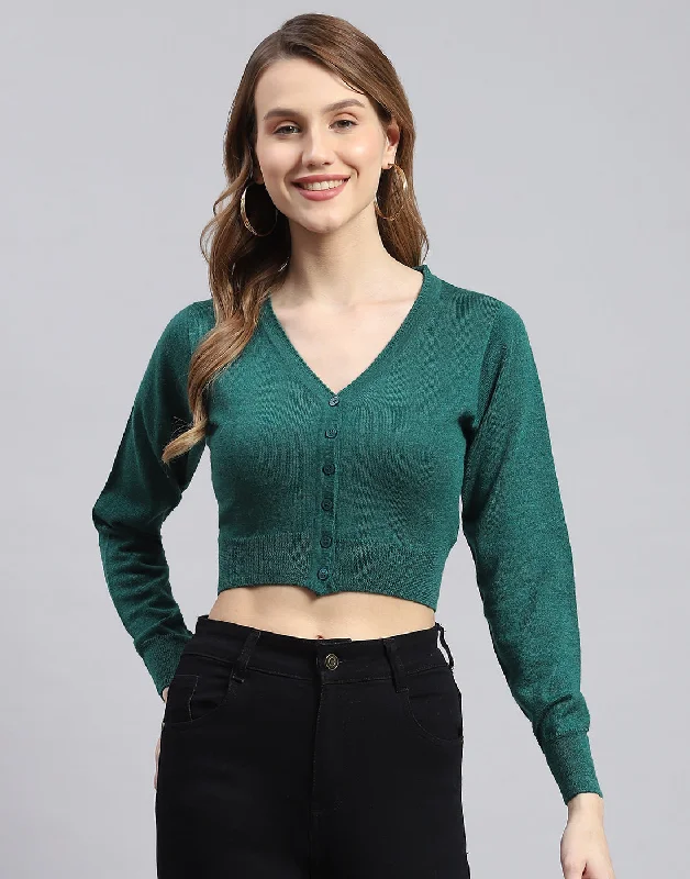 Women Green Solid V Neck Full Sleeve Blouse