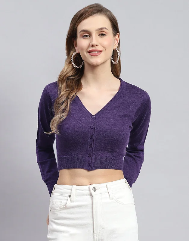 Women Purple Solid V Neck Full Sleeve Blouse