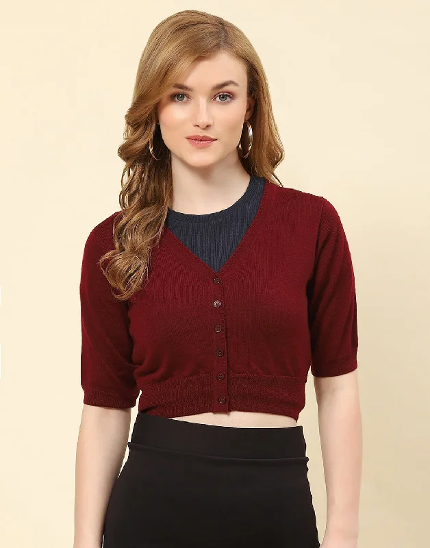 Women Maroon Solid V Neck Half Sleeve Blouse