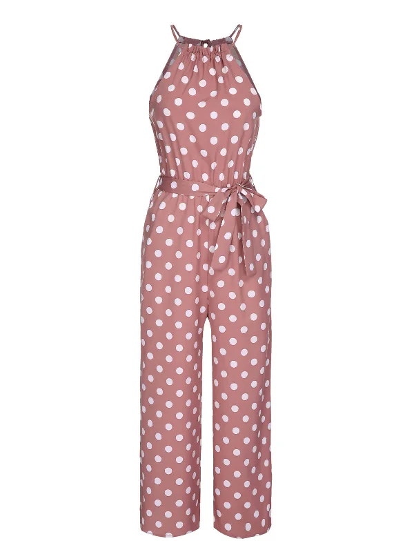 Pink 1930s Polka Dots Drawstring Halter Jumpsuit