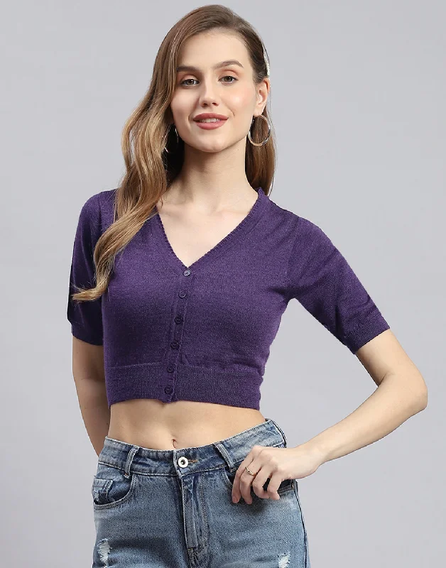 Women Purple Solid V Neck Half Sleeve Sweater