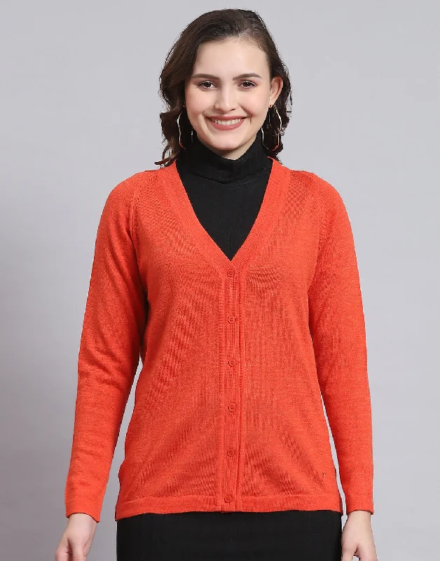 Women Orange Solid V Neck Full Sleeve Sweater