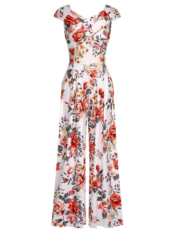 1930s Cold Shoulder Floral Jumpsuit