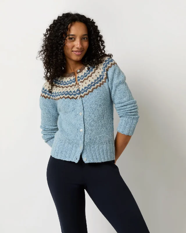 Marge Fair Isle Cardigan in Blue/Brown/Ivory Wool Blend