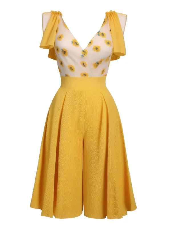 Yellow 1940s V-Neck Sunflower Patchwork Jumpsuit