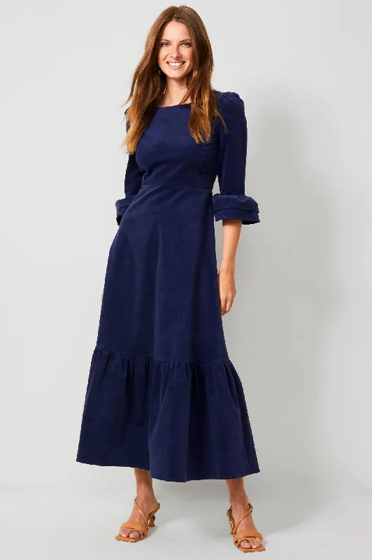 Victoria Round Neck 3/4 Sleeve Stretch Corduroy Dress | Atlantic Blue