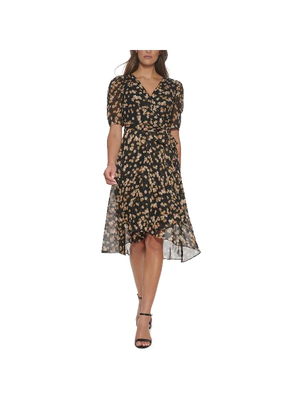 Petites Womens Chiffon Puff Sleeve Midi Dress