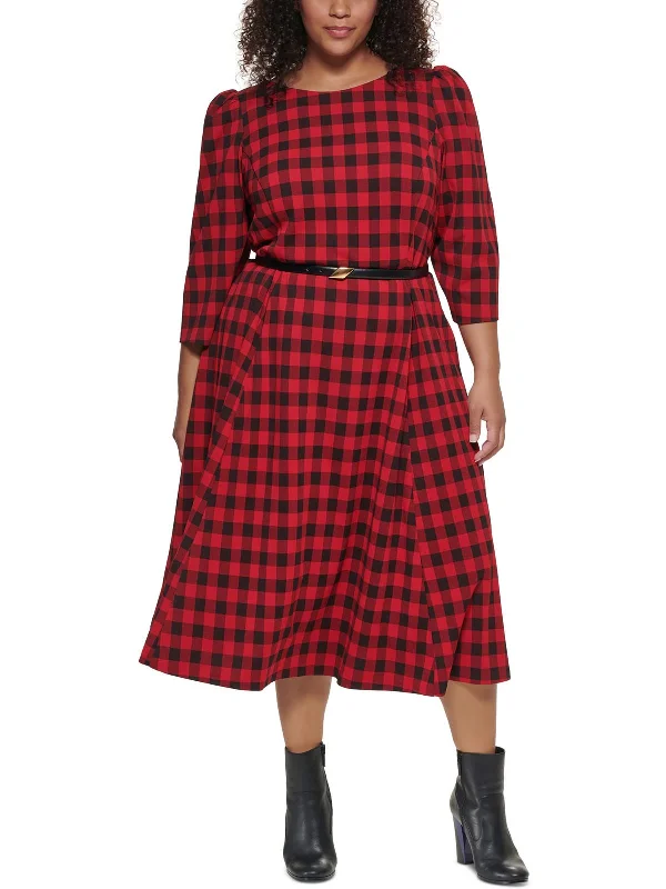 Plus Womens Checkered Calf Midi Dress