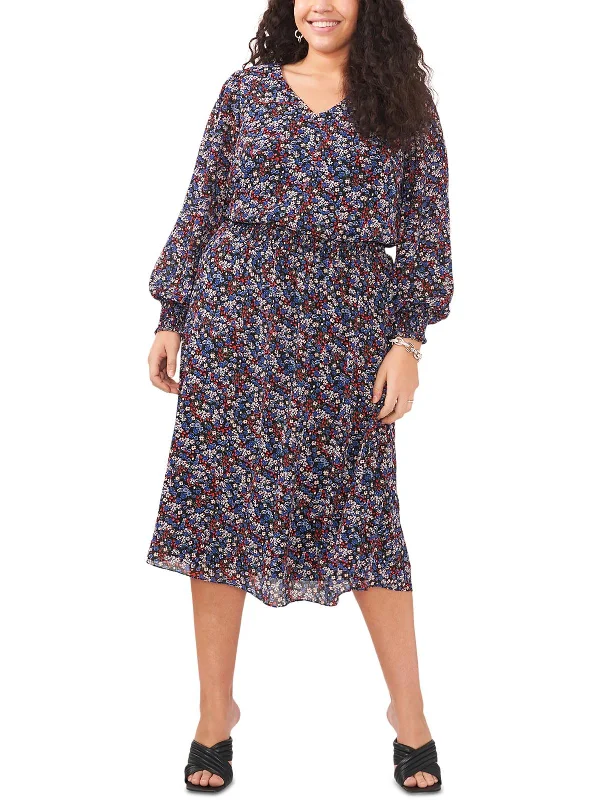 Plus Womens Chiffon Floral Midi Dress