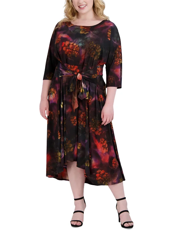 Plus Womens Floral Print Tea Midi Dress