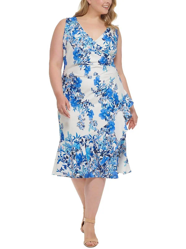 Plus Womens Knit Floral Midi Dress