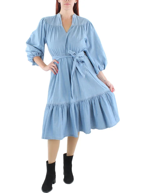 Womens Chambray Ruffled Midi Dress