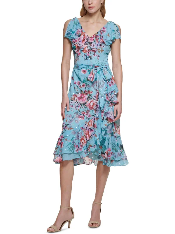 Womens Floral Calf Midi Dress