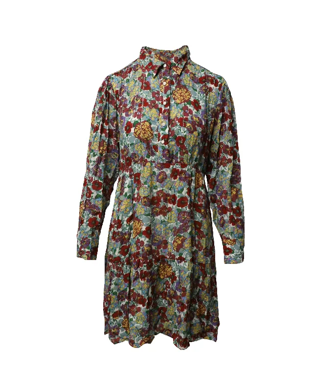 Ba&sh Gathered Mini Shirt Dress in Floral-Print Metallic Mousseline Viscose