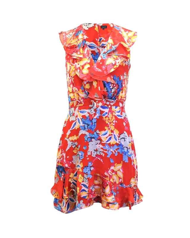 Saloni Floral Print Ruffled Mini Dress in Red Silk