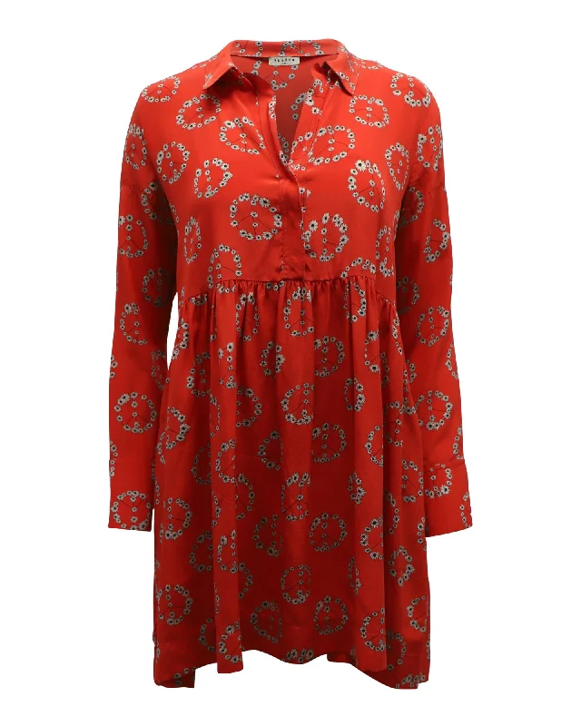 Sandro Paris Long Sleeve Mini Shift Dress in Red Print Silk