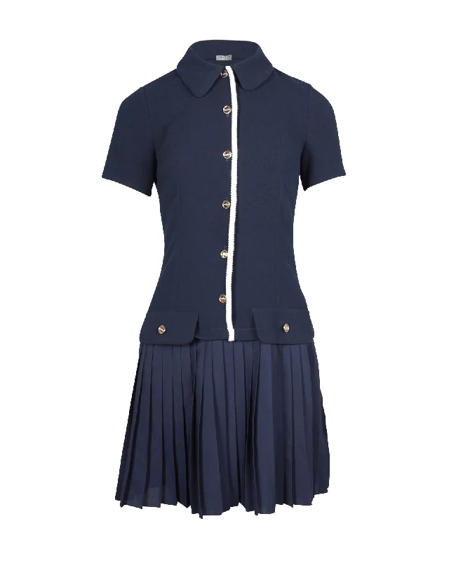 Sandro Paris Pleated Skirt Mini Dress in Navy Blue Polyester