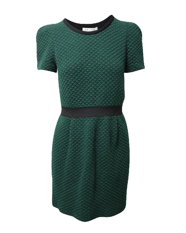 Sandro Textured Crew Neck Mini Dress in Green Acrylic