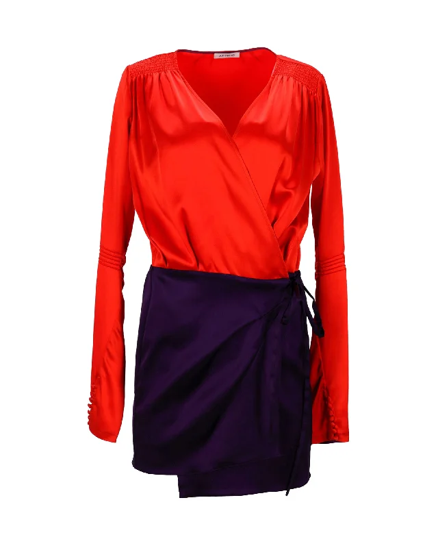 The Attico Colorblock Wrap-Style Mini Dress in Red-Blue Acetate