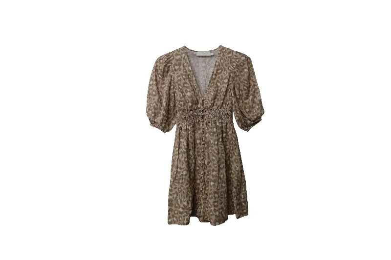 Zimmermann Carnaby Shirred Mini Dress in Animal Print Linen