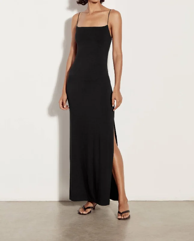 Italian Viscose Strappy Side Slit Maxi Dress In Black