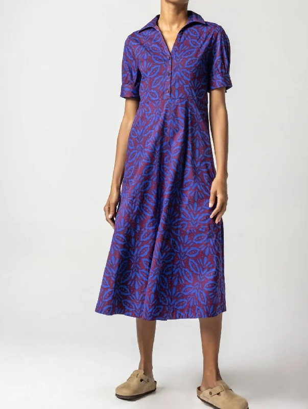 Printed Poplin Collared Maxi Dress In Cobalt Motif