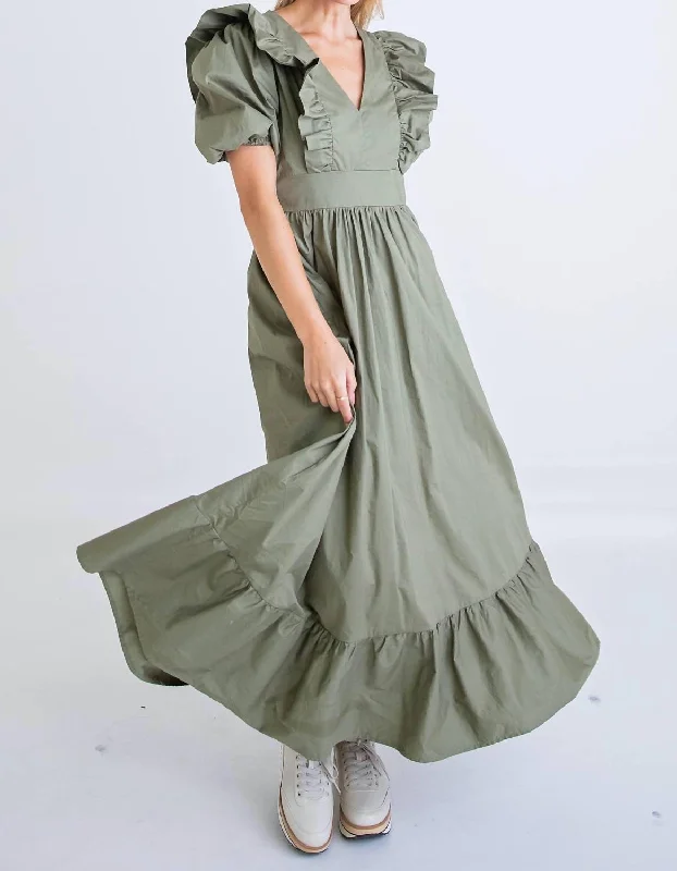 Ruffle Puff Sleeve Maxi Dress In Green