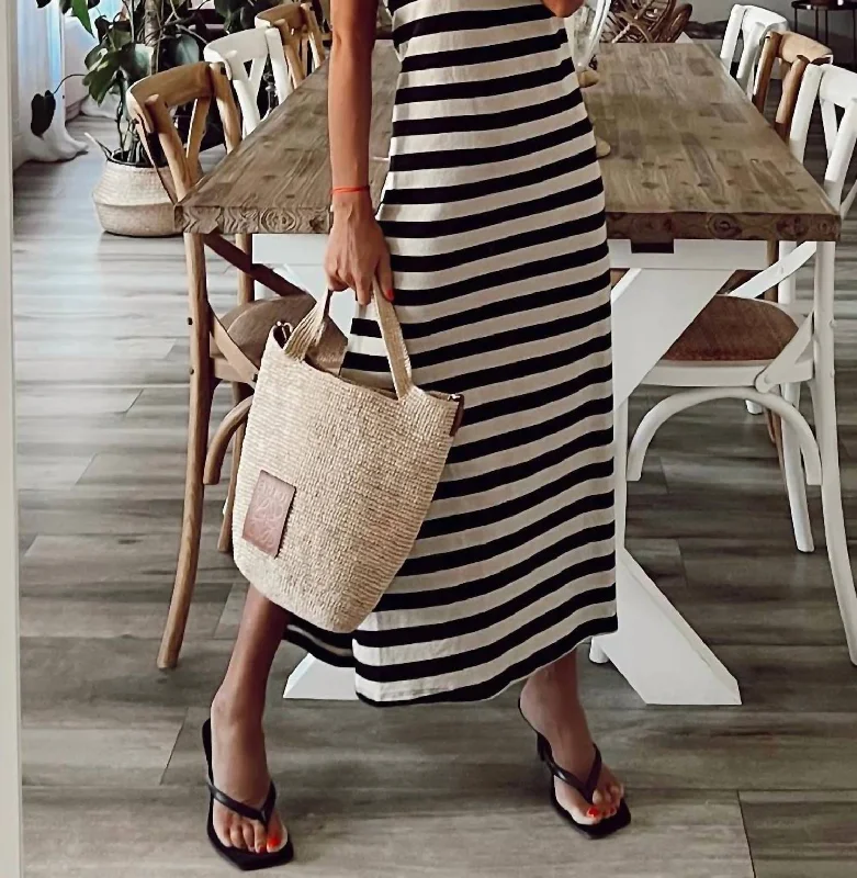 Striped V-Neck Maxi Long Dress Side Slits In Black