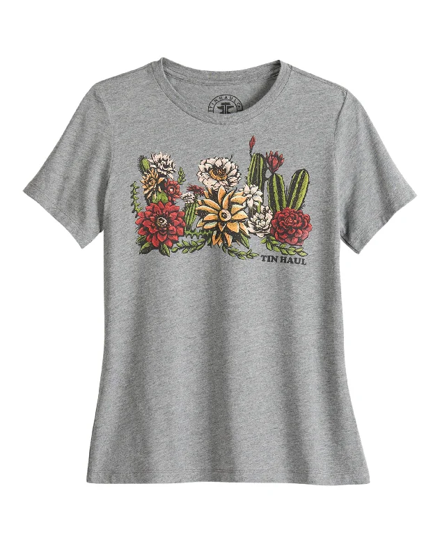 WOMENS SHORT SLEEVE TIN HAUL CACTUS GARDEN SCREEN PRINT T SHIRT HEATHER GREY RELAX FIT