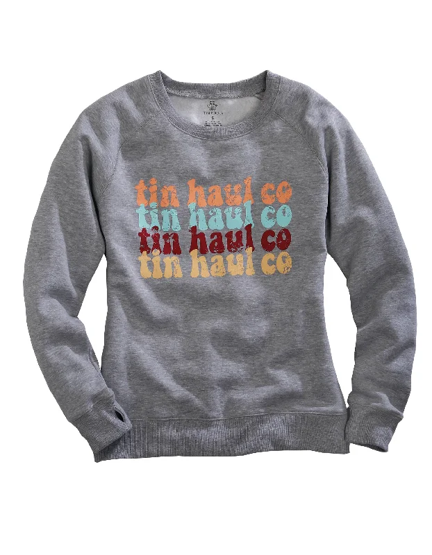 WOMENS TIN HAUL MULTI COLOR PRINT HEATHER GREY CREW NECK SWEATSHIRT