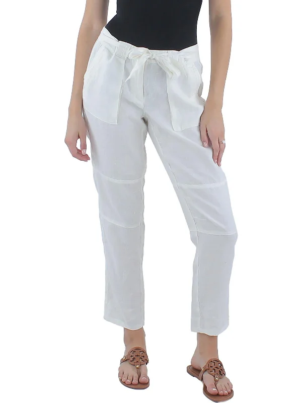 Womens Linen Belted Ankle Pants