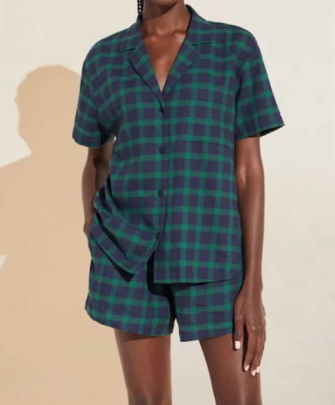 Flannel Short Pj Set In Windowpane Plaid True Navy