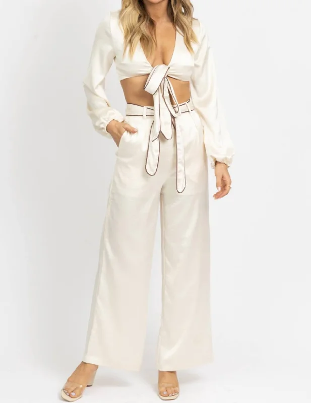 Front Tie Trouser Pant Set In Satin Creme